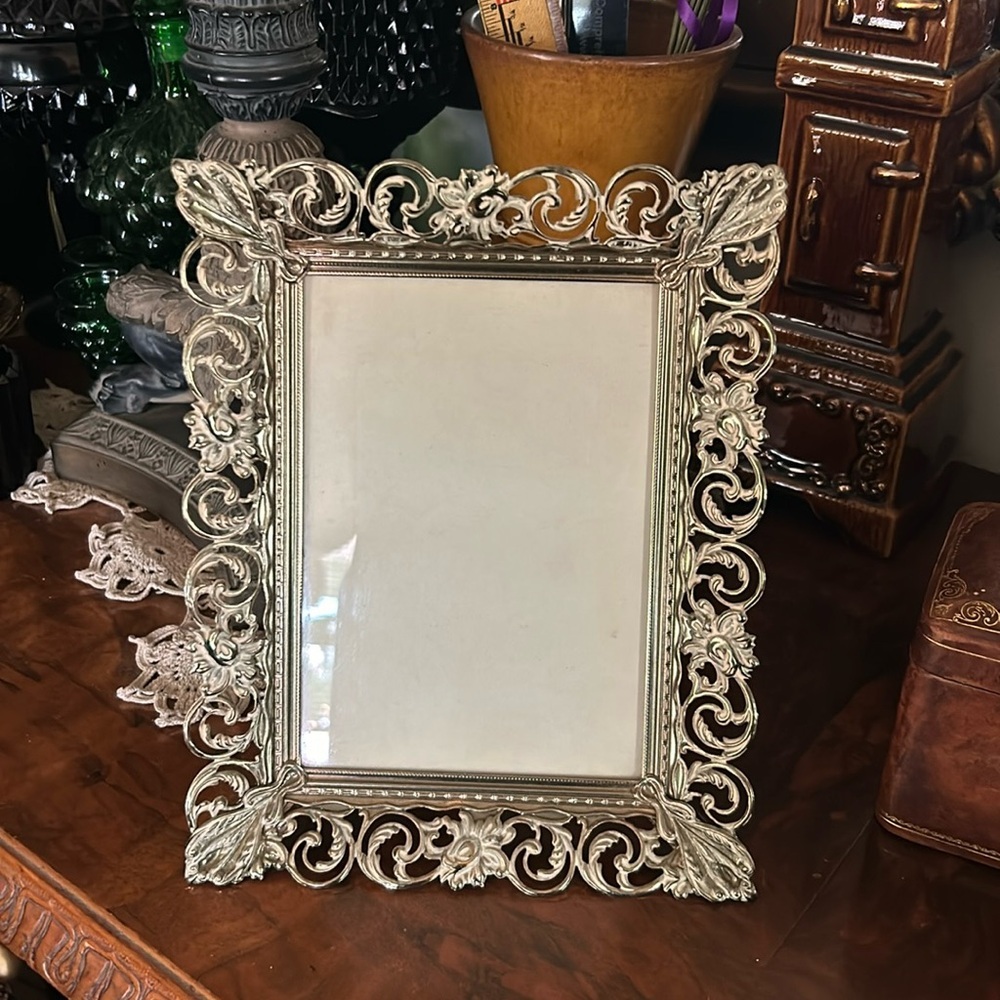 Vintage Ornate Gold & White Metal Picture Frame